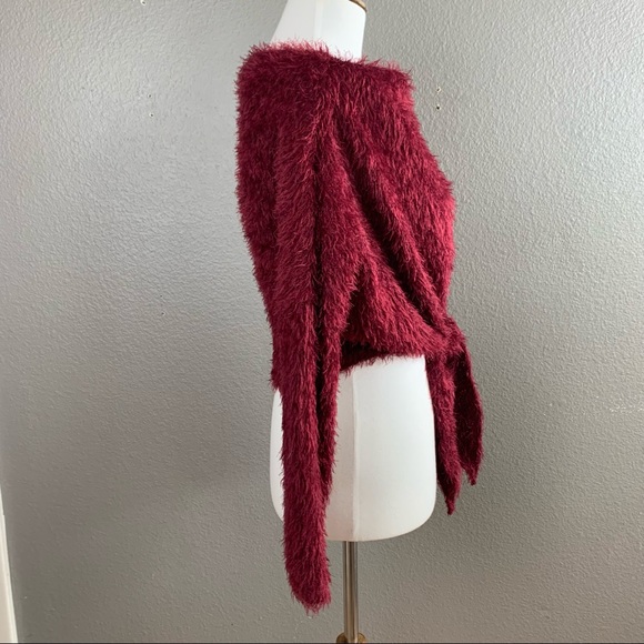 Fashion Nova red wine fuzzy cropped tie sweater - Picture 4 of 9